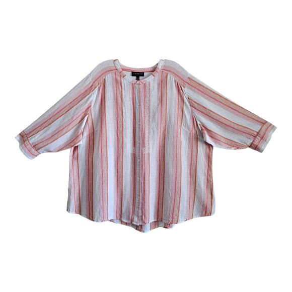 LANE BRYANT Women's 22 24 Tunic Blouse Linen Blend Striped Pink Embroidered 54" - Picture 1 of 8
